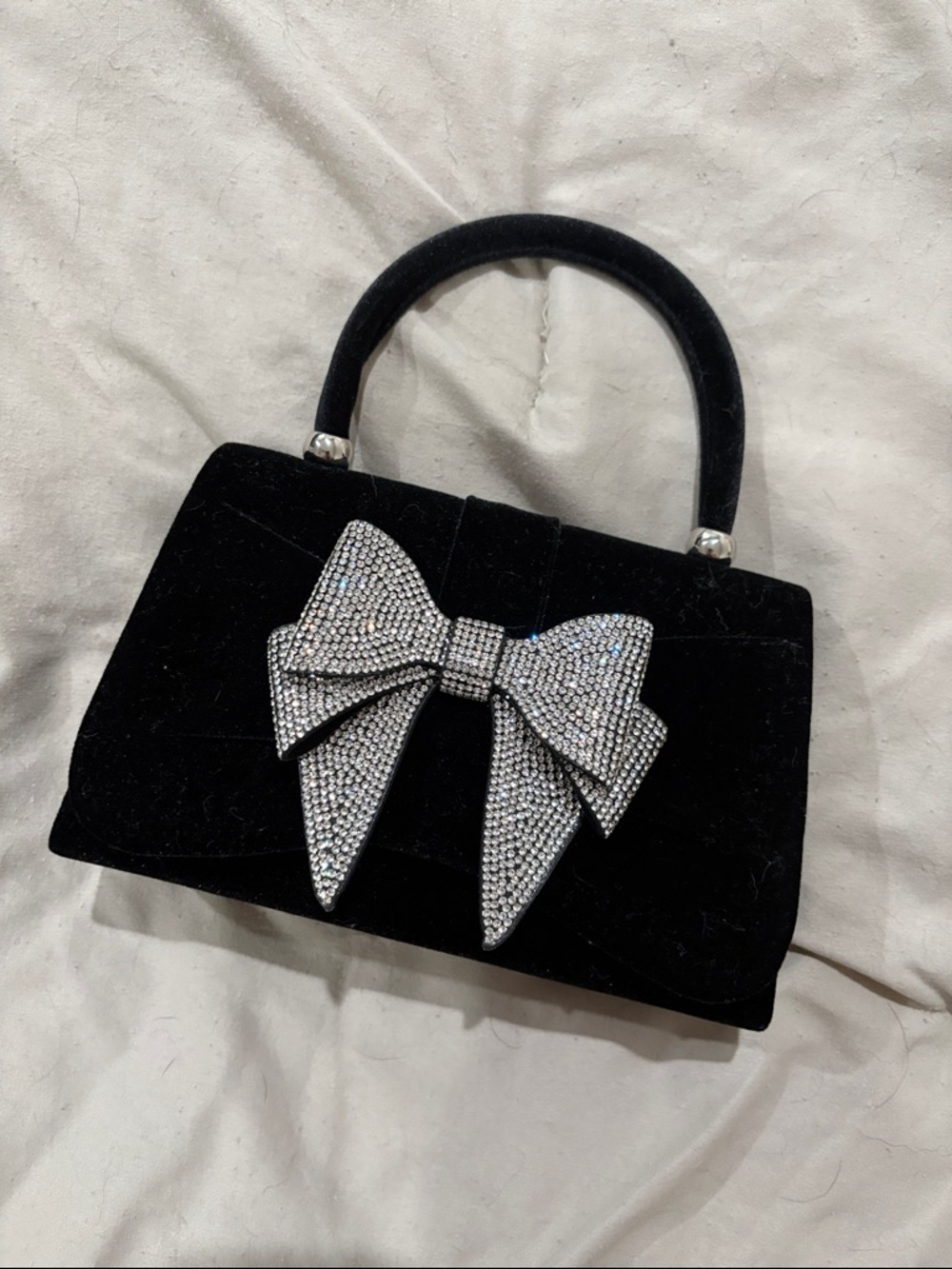 House of Harlow 1960 Black Velvet Mini Top-Handle Bag with Crystal Bow